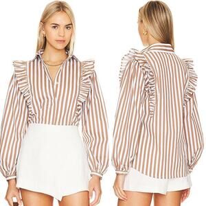 NWT The Femm Long Sleeve Brooke Stripe Ruffle Poplin Blouse Top Brown and Cream